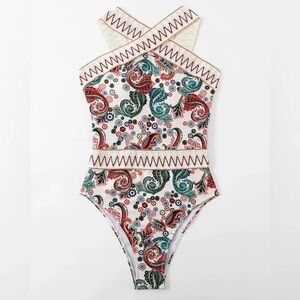 [Shein] One Piece Paisley Print Embroidered Trim Cross Front Swimsuit